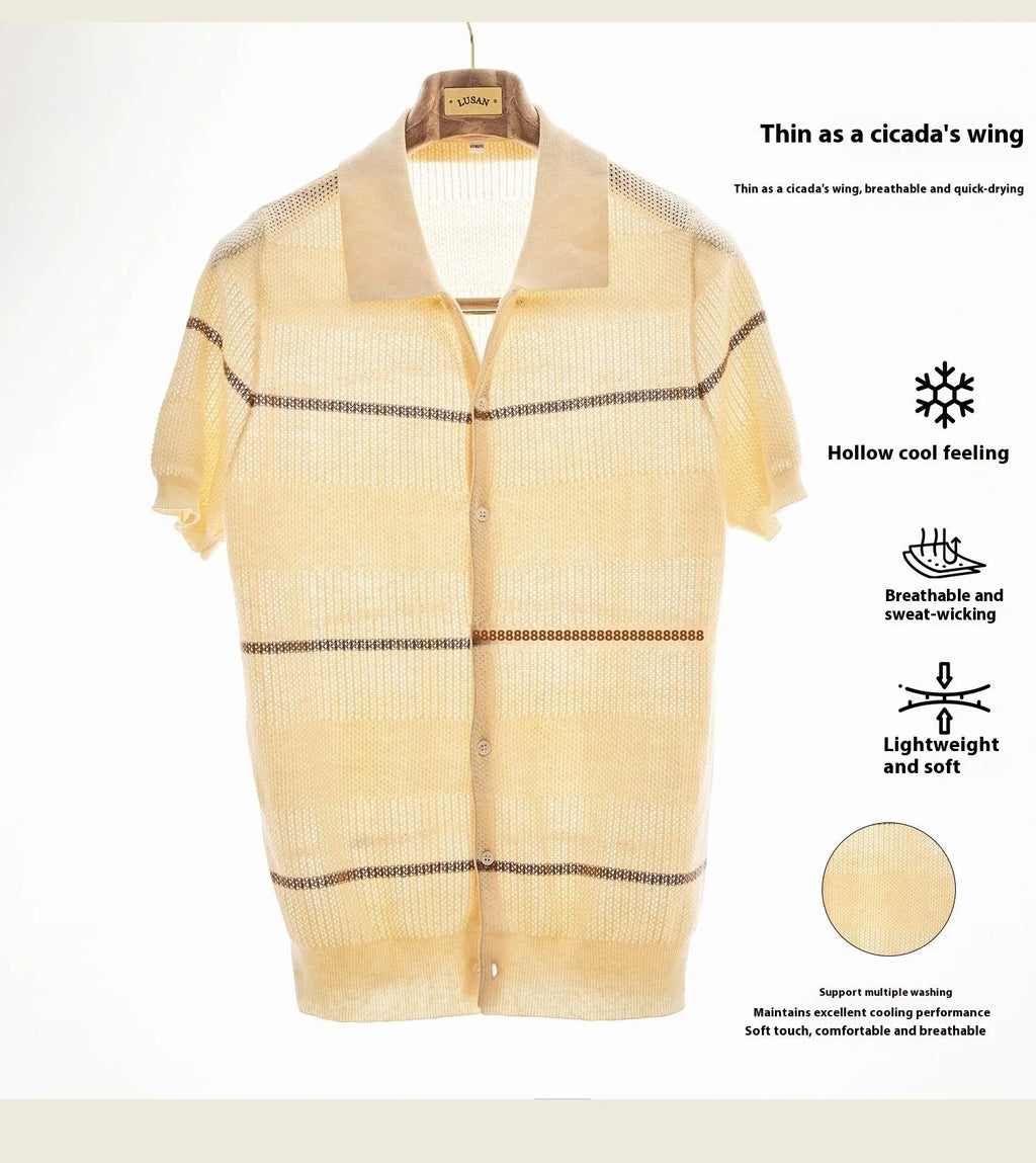 Men's camel coloured short sleeve knitted cardigan with a lapel collar on a hanger.