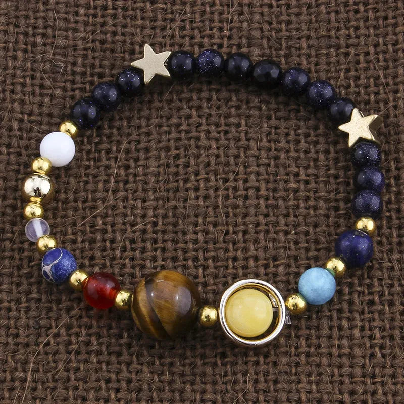 Natural stone bead bracelet with eight planets and guardian star design, adjustable 15-25cm inner circumference