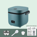 Green 1.2L mini rice cooker with metal body, button controls, and steaming plate on a worktop.
