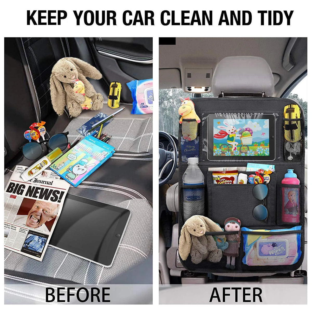 Black car seat back storage pouch with 9 bags and touch screen iPad holder, 61x41cm, 600D Oxford cloth