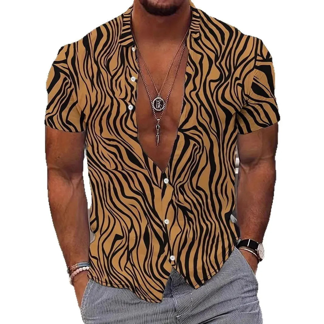 Men's slim fit geometric print short sleeve shirt on hanger showing lapel detail