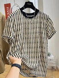 Men's black striped casual short sleeve shirt in loose fit linen-silk blend fabric