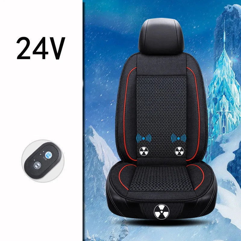 Car ventilation seat cushion in minimalist design showing 60x60cm dimensions with power cord