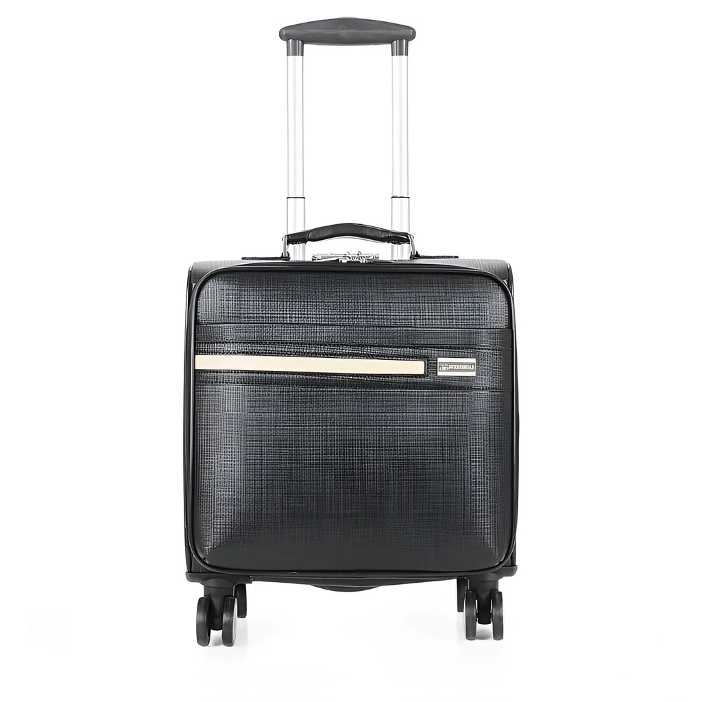 Black PU leather rolling business case with telescopic handle and airplane wheels