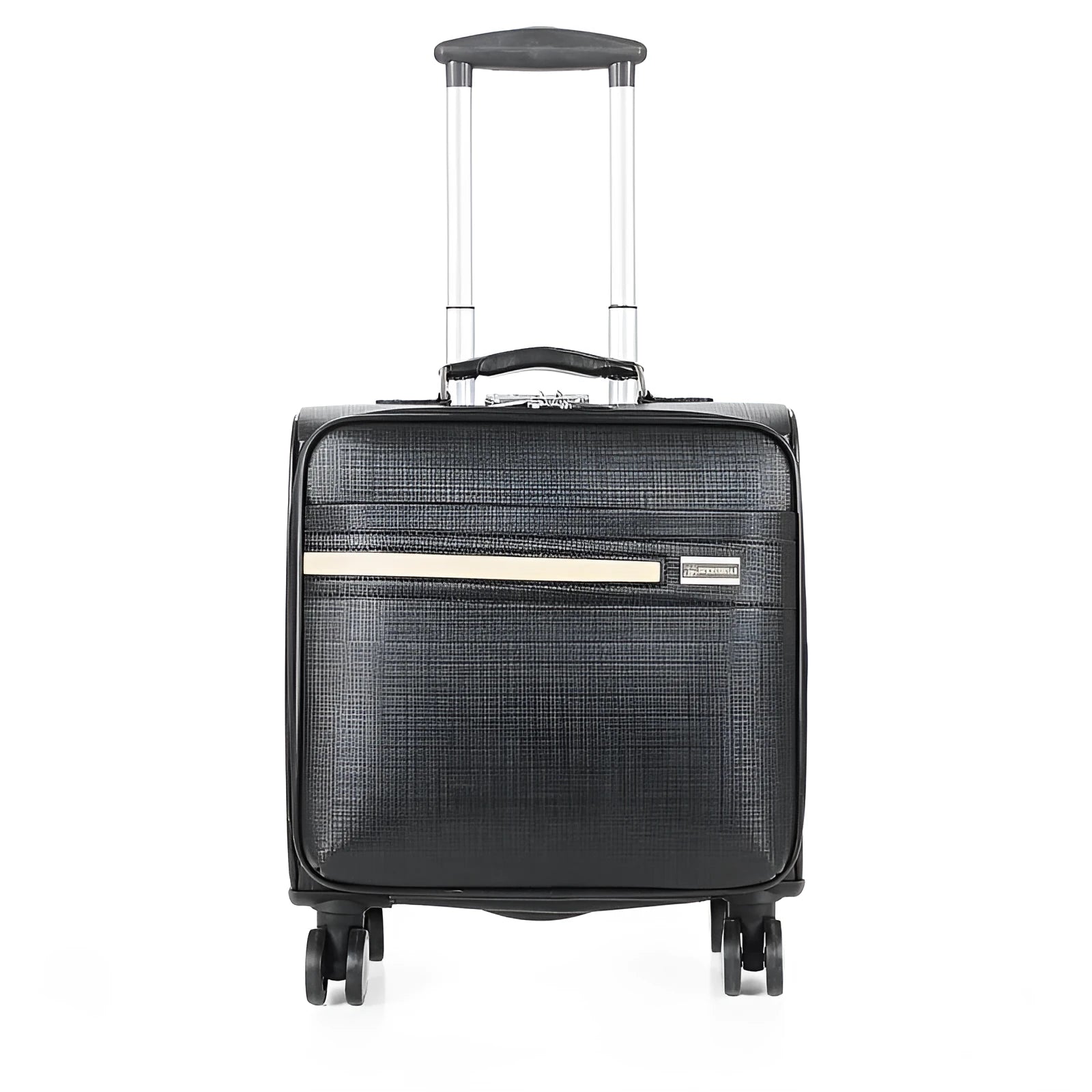 Black PU leather rolling business case with telescopic handle and airplane wheels