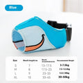 Canvas dog muzzle in Ollie Brown Bear colour, shown alongside Bondi Blue Shark option, with S, M, L, XL size labels.