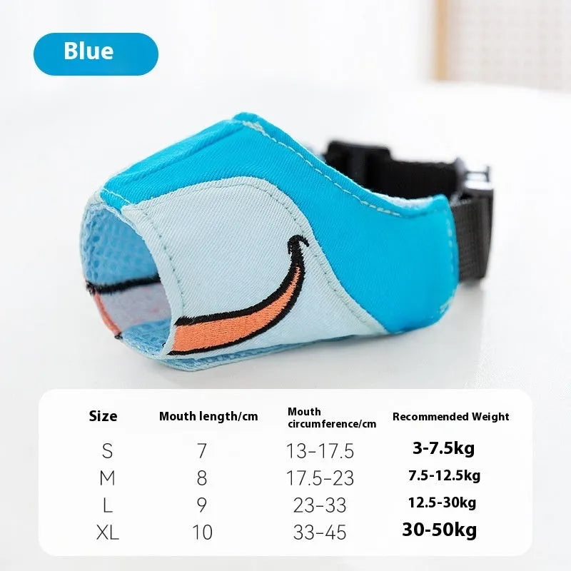 Canvas dog muzzle in Ollie Brown Bear colour, shown alongside Bondi Blue Shark option, with S, M, L, XL size labels.