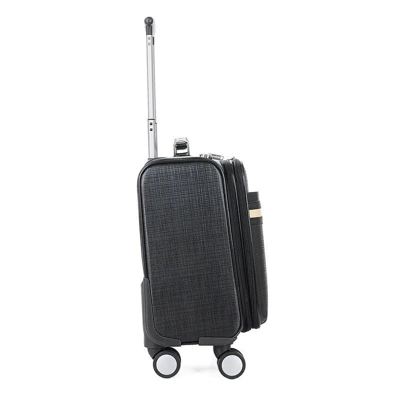 Black PU leather rolling business case with telescopic handle and airplane wheels