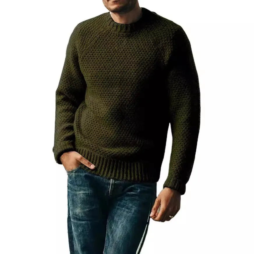 Men's loose fit thick wool round neck pullover sweater in solid colour casual winter top