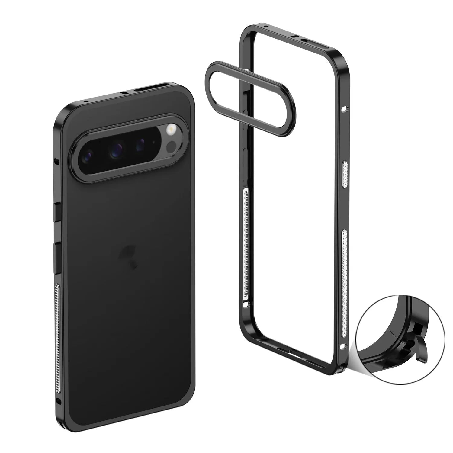 Aluminum alloy heat dissipation phone case for Google Pixel 9 in black, showing half-pack design and bracket.