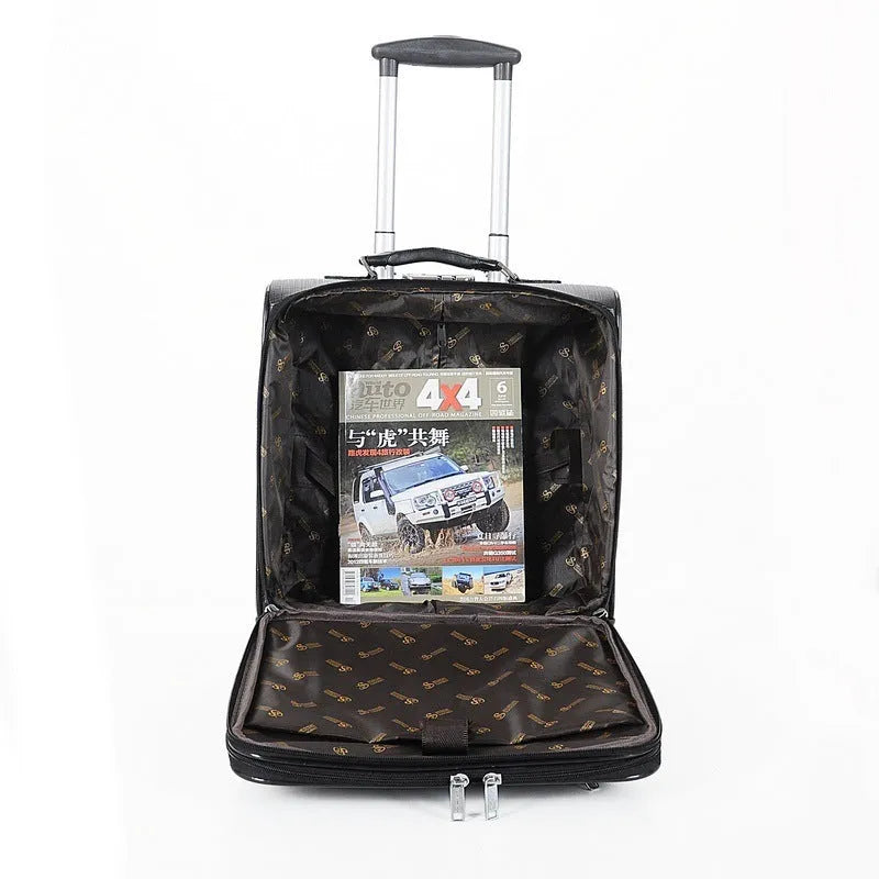 Black PU leather rolling business case with telescopic handle and airplane wheels