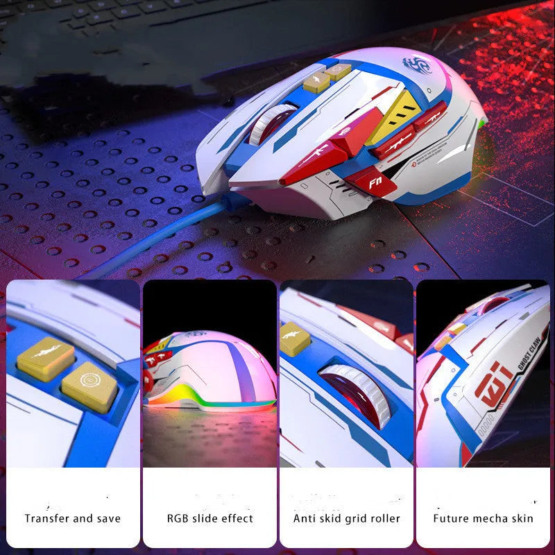 Desktop wired automatic pressure grab mouse in Primordial Ghost Claw colour, ergonomic shape with six-gear resolution and four-way wheel