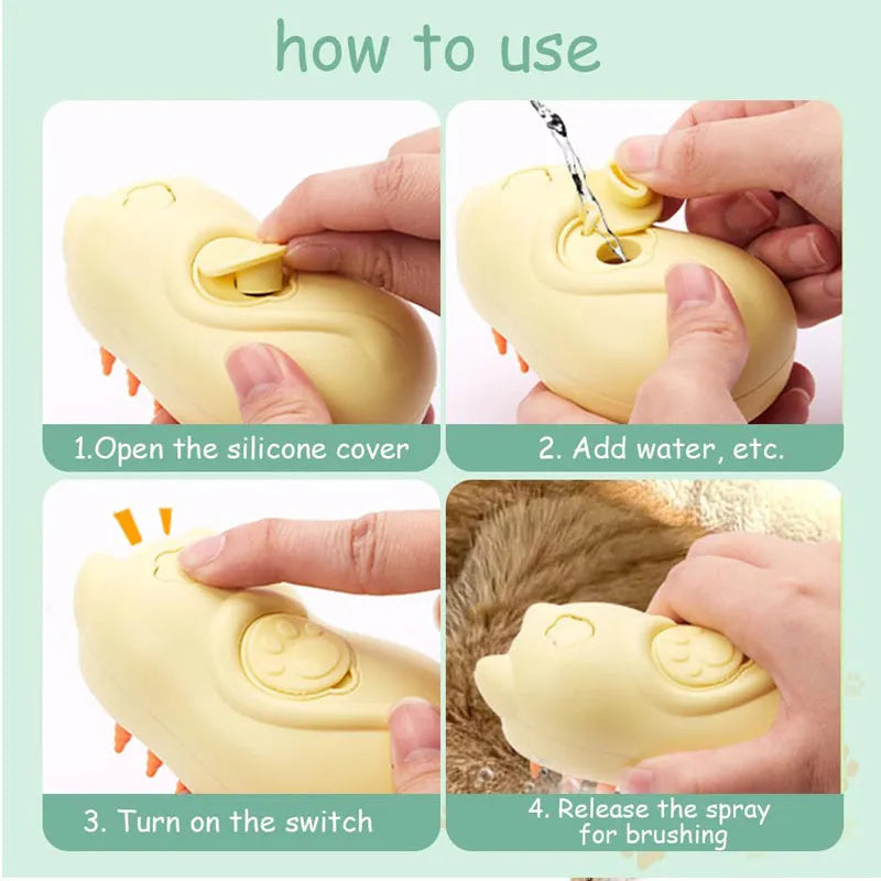 Handheld 3-in-1 steam pet grooming brush for cats and dogs on a white background.