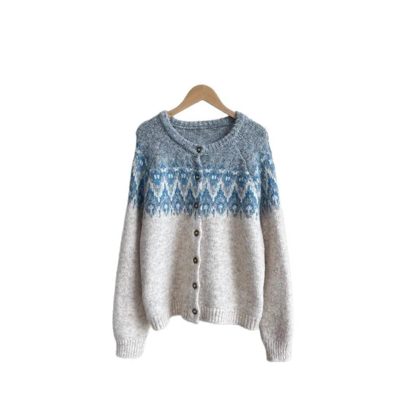Women's loose-fit jacquard sweater coat in beige, brown, or navy blue with long sleeves.