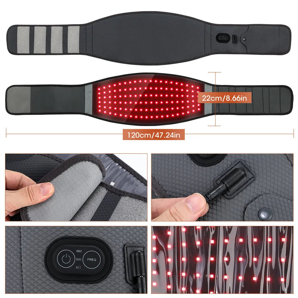 Grey electric waist therapy belt with red light hot compress beads and adjustable neoprene support