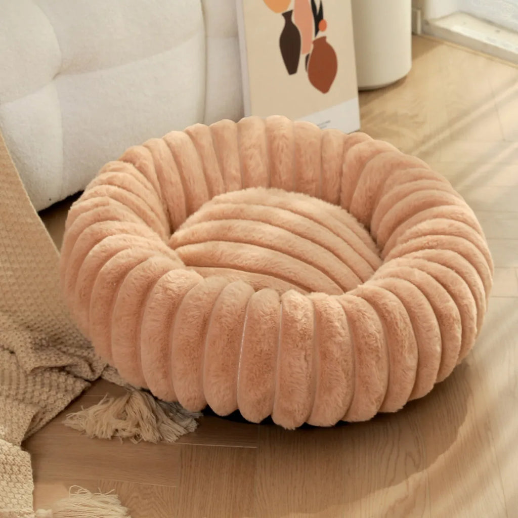 Round straight rabbit plush pet bed mat in beige colour, shown in a large size.