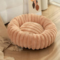 Round straight rabbit plush pet bed mat in beige colour, shown in a large size.
