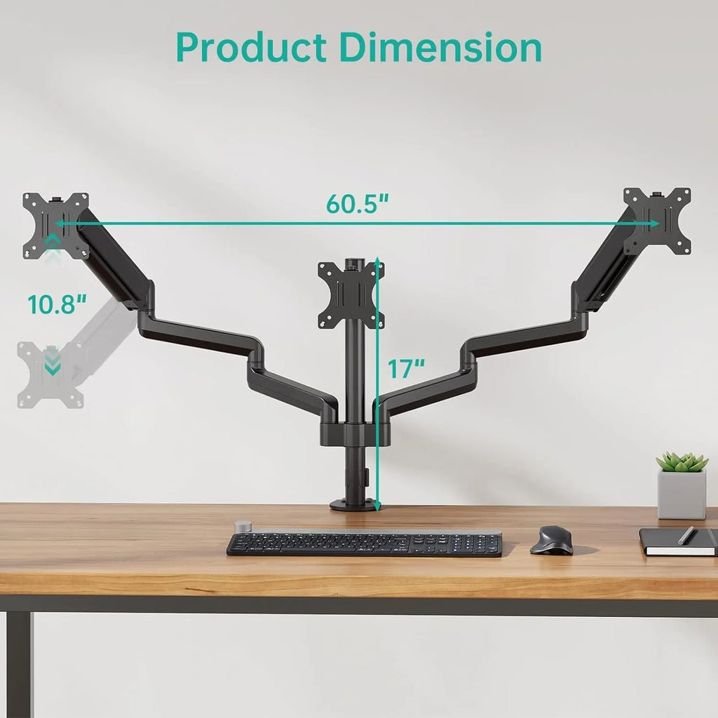 Black aluminium alloy three-arm gas spring monitor arm for 27-inch computer screens