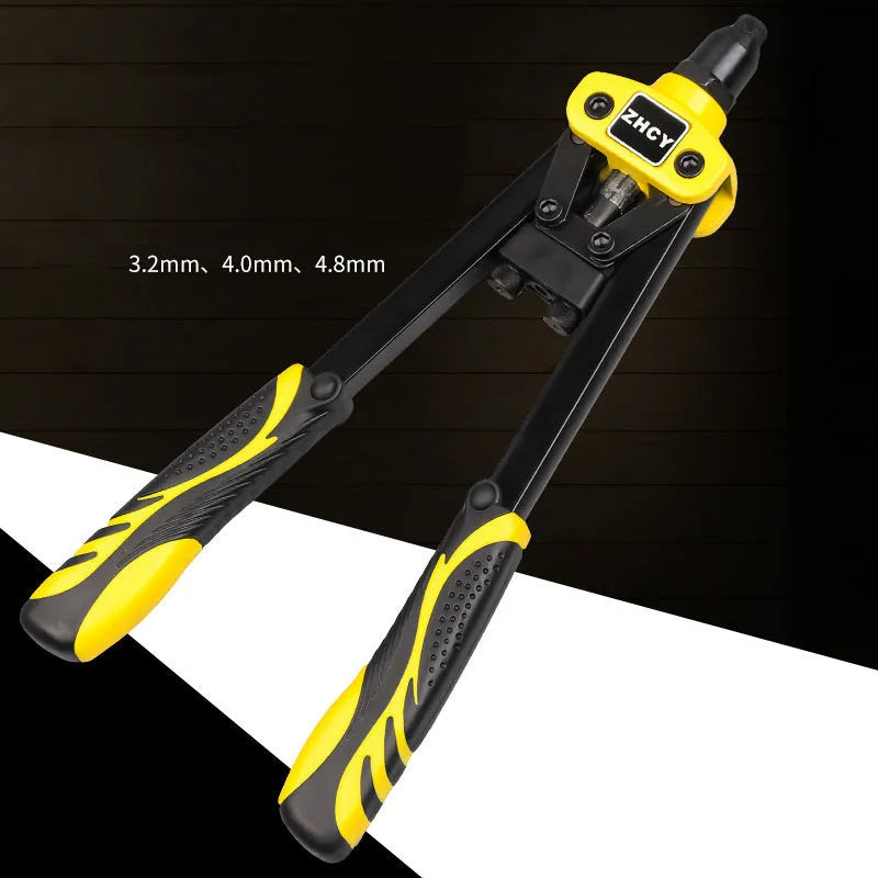Yellow 13-inch manual household rivet gun with three built-in tips for 3.2mm, 4.0mm, and 4.8mm rivets.