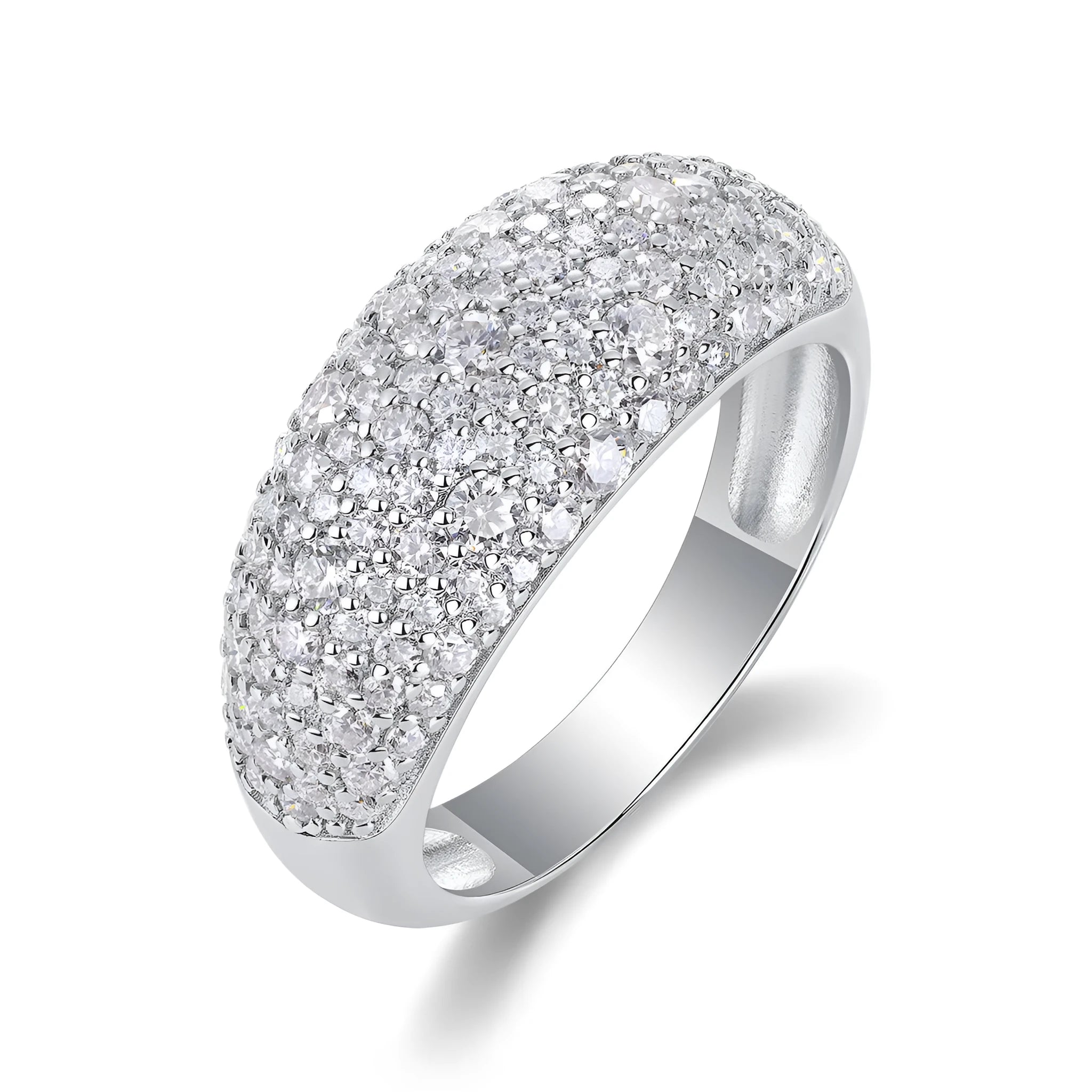 Moissanite wedding ring set in S925 silver with platinum plating, starry night design, on a white background