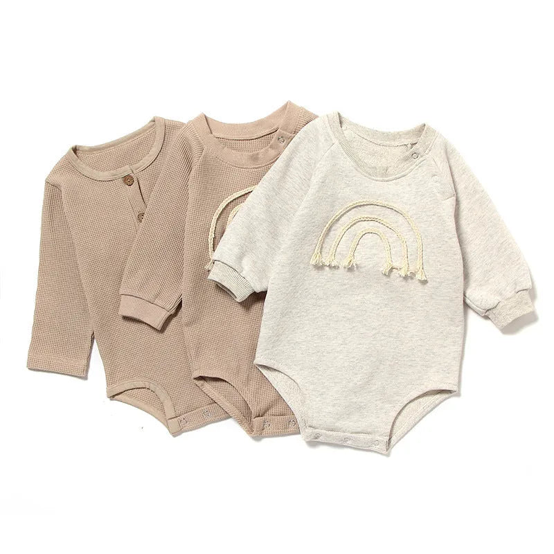 Waffle cotton baby long sleeve romper in beige with cotton rope closure