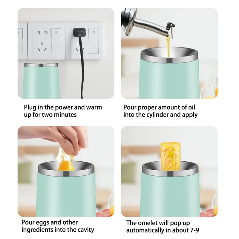 Household small egg roll machine in mint green with stainless steel 304 top cover, 80W, 2-egg capacity, compact 95mm x 200mm size