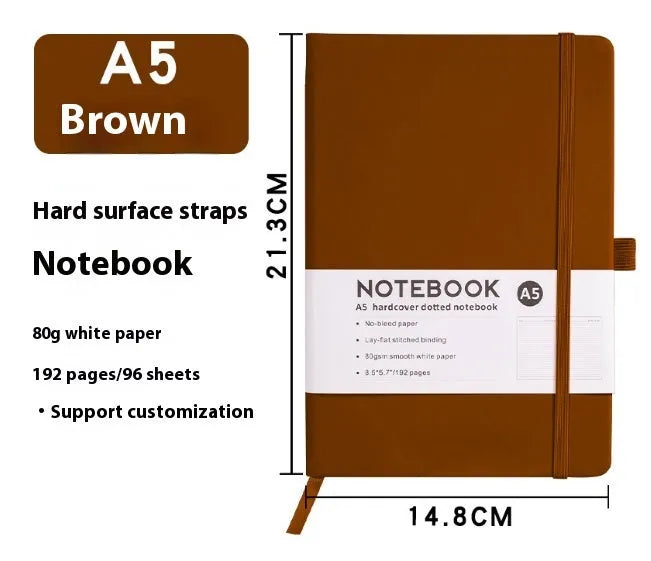 A5 diary notebook with soft skin-feel PU leather cover, strap closure, and horizontal line inner pages