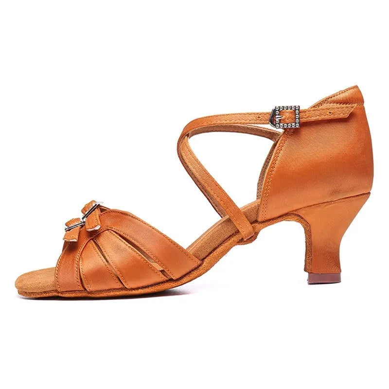 Women's Latin dance high heel shoes with real silk upper in skin colour, 5.5cm heel