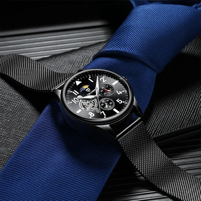 Black men's mechanical watch with moon phase indicator and luminous hands on 41mm alloy case