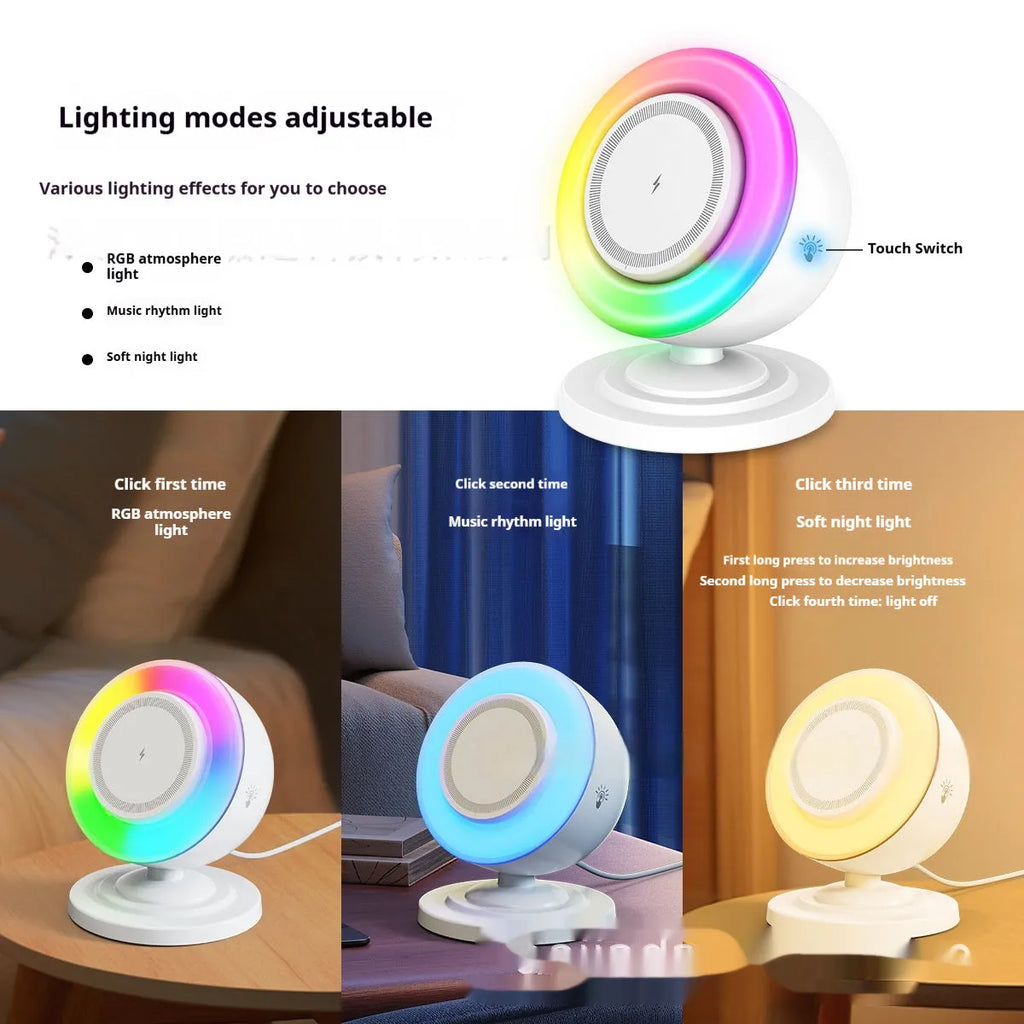 Three-in-one wireless charger with Bluetooth audio and coloured lights in black