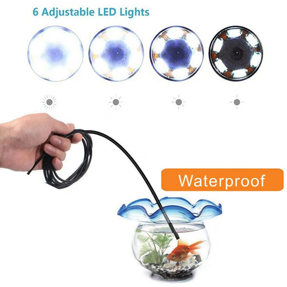 USB-C Android phone endoscope with flexible cable, waterproof camera probe, magnet, hook, and side mirror attachments.