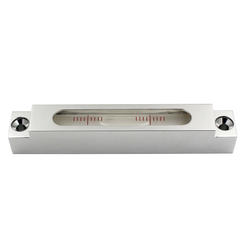 Mini strip spirit level with metal frame and glass bubble vials showing 132mm length