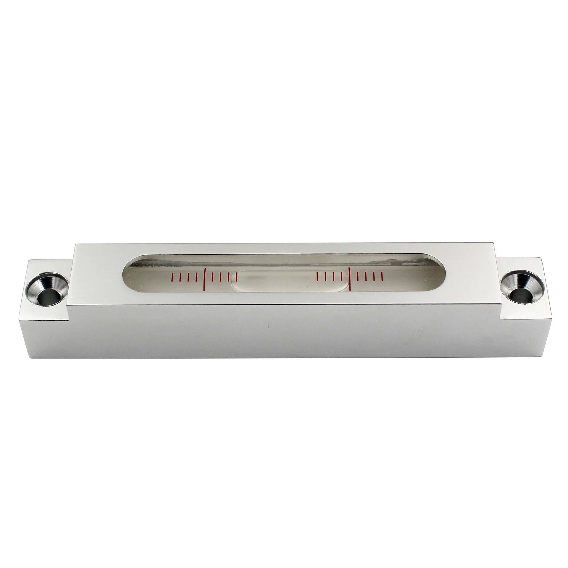 Mini strip spirit level with metal frame and glass bubble vials showing 132mm length