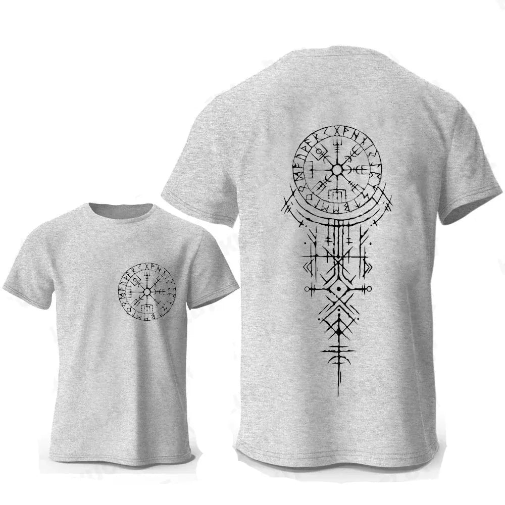 Man wearing a grey t-shirt with a detailed Viking rune compass graphic on the chest.