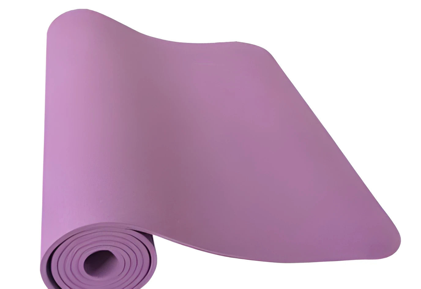 6mm TPE beginner yoga mat in black, rolled on wooden floor with textured non-slip surface visible