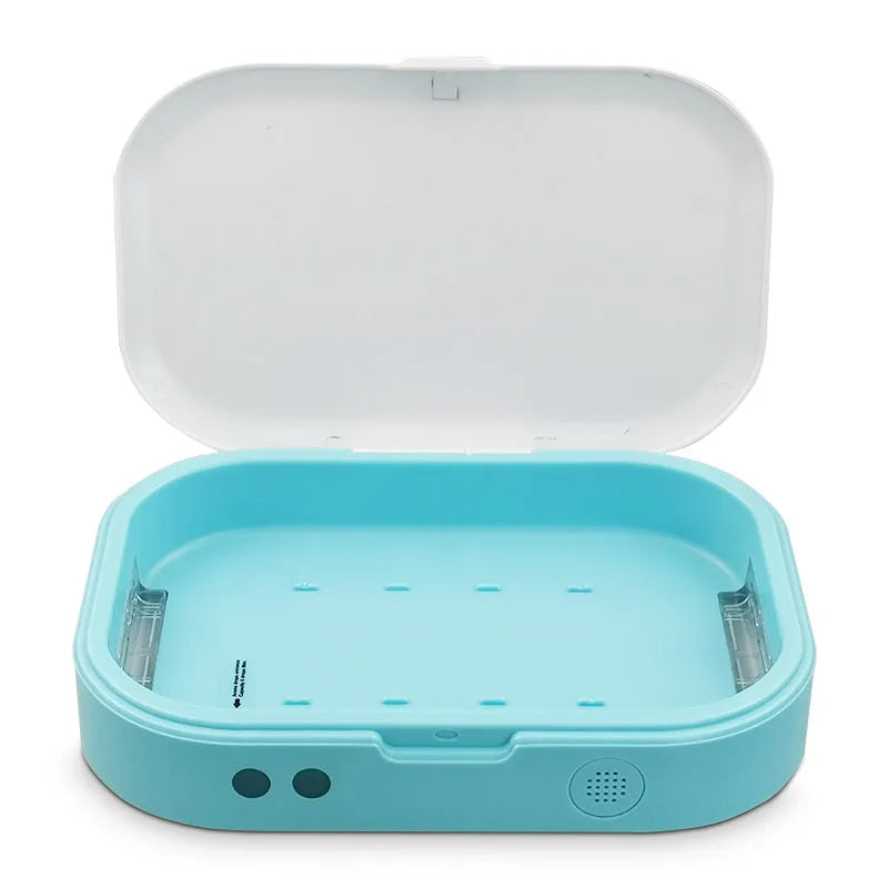 Blue UV steriliser box for mobile phones and small items showing dual UV lamps and compact size for 7-inch phone
