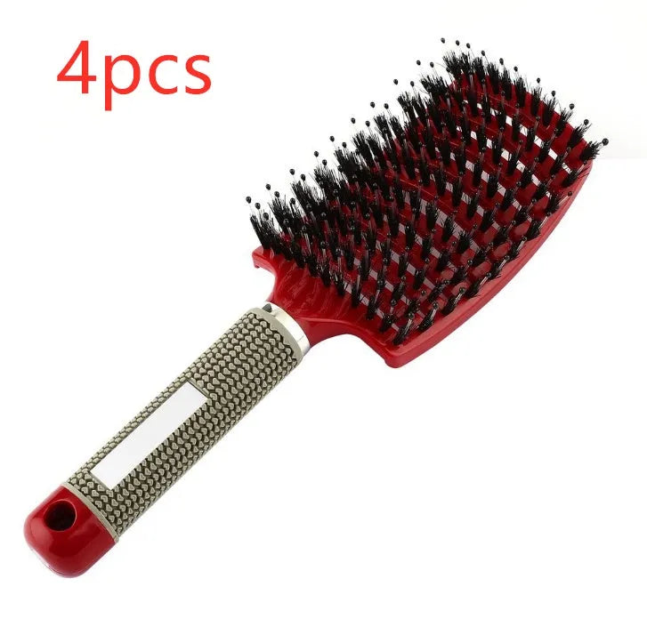 Black bristle and nylon hairbrush with arched comb head and non-slip rubber handle on white background