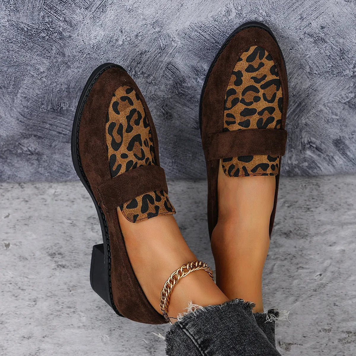 Leopard print suede slip-on shoe with chunky mid heel and pointed toe in pink colour