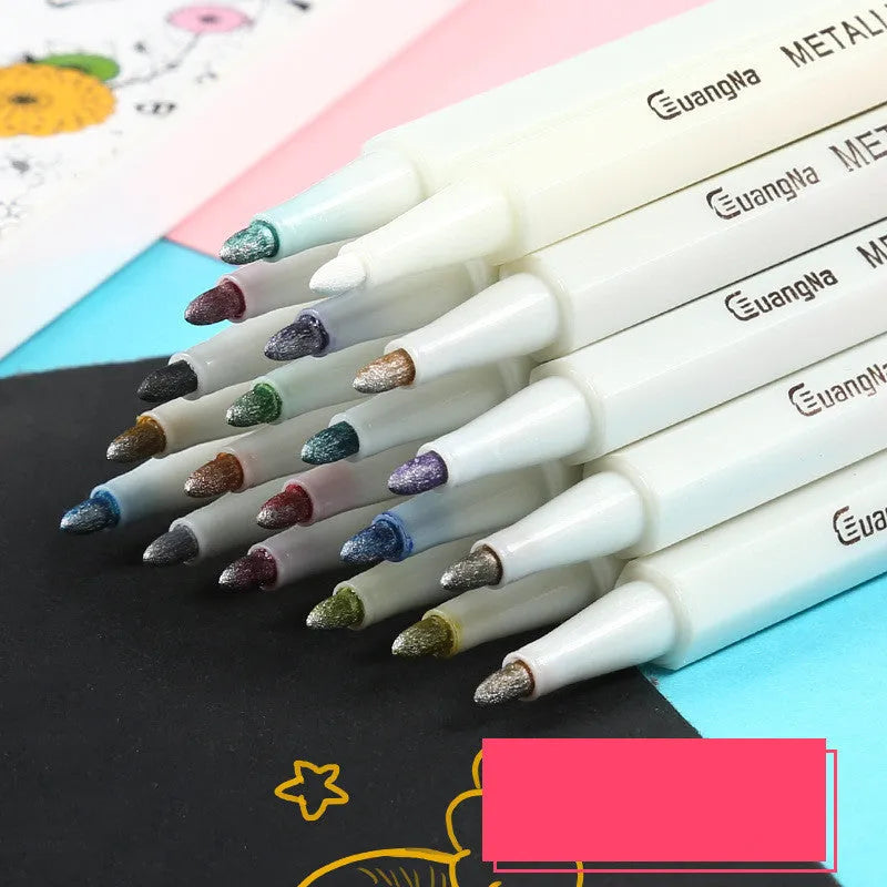 Boxed set of coloured metallic pens with plastic shells for office and stationery use.