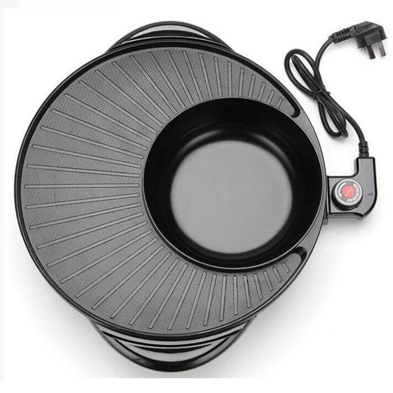 Black electric hot pot with aluminium alloy inner pot and control panel showing temperature settings