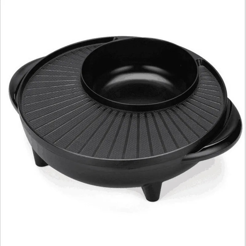 Black electric hot pot with aluminium alloy inner pot and control panel showing temperature settings