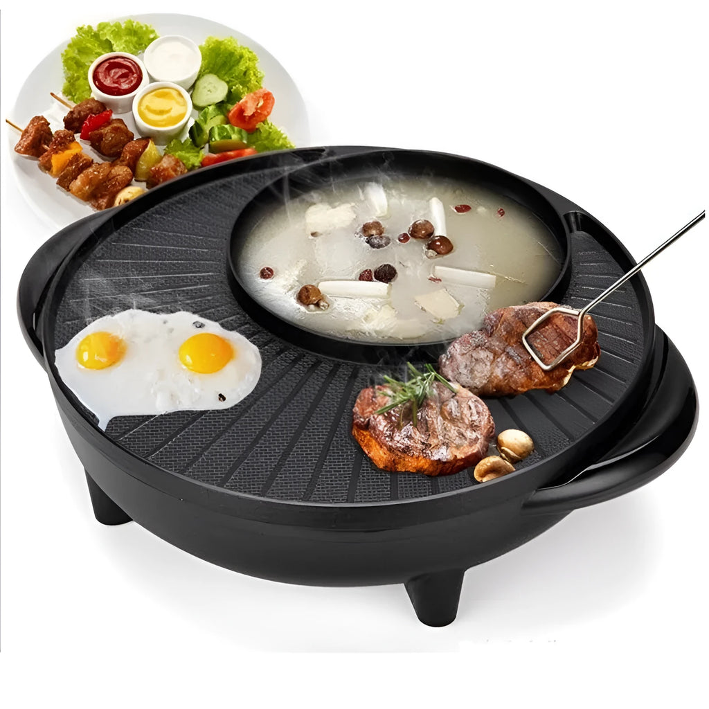 Black electric hot pot with aluminium alloy inner pot and control panel showing temperature settings