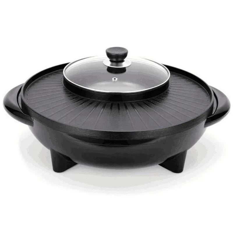 Black electric hot pot with aluminium alloy inner pot and control panel showing temperature settings