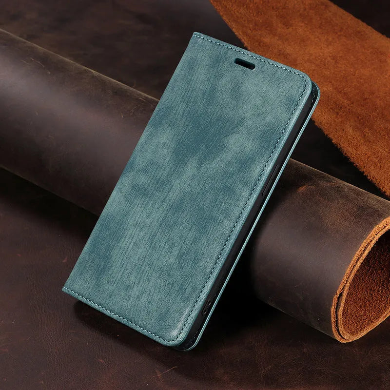 Magnetic flip leather phone case for iPhone in various solid colours, showing front and closed views.