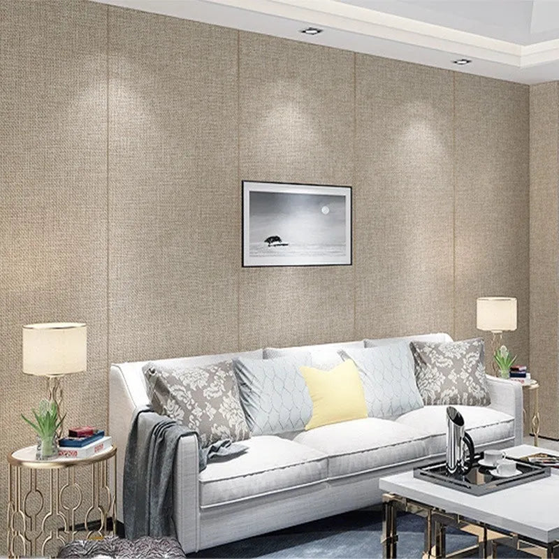 Linen self-adhesive waterproof seamless wall cloth in beige colour for whole house modern minimalist decoration