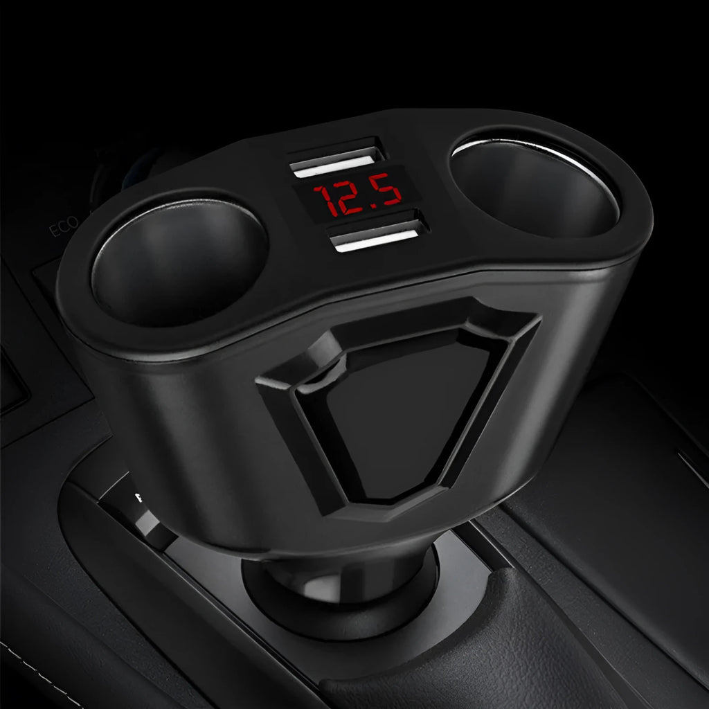 Dual USB multifunction car charger with LCD screen showing voltage, black colour, compact design for cars trucks and SUVs