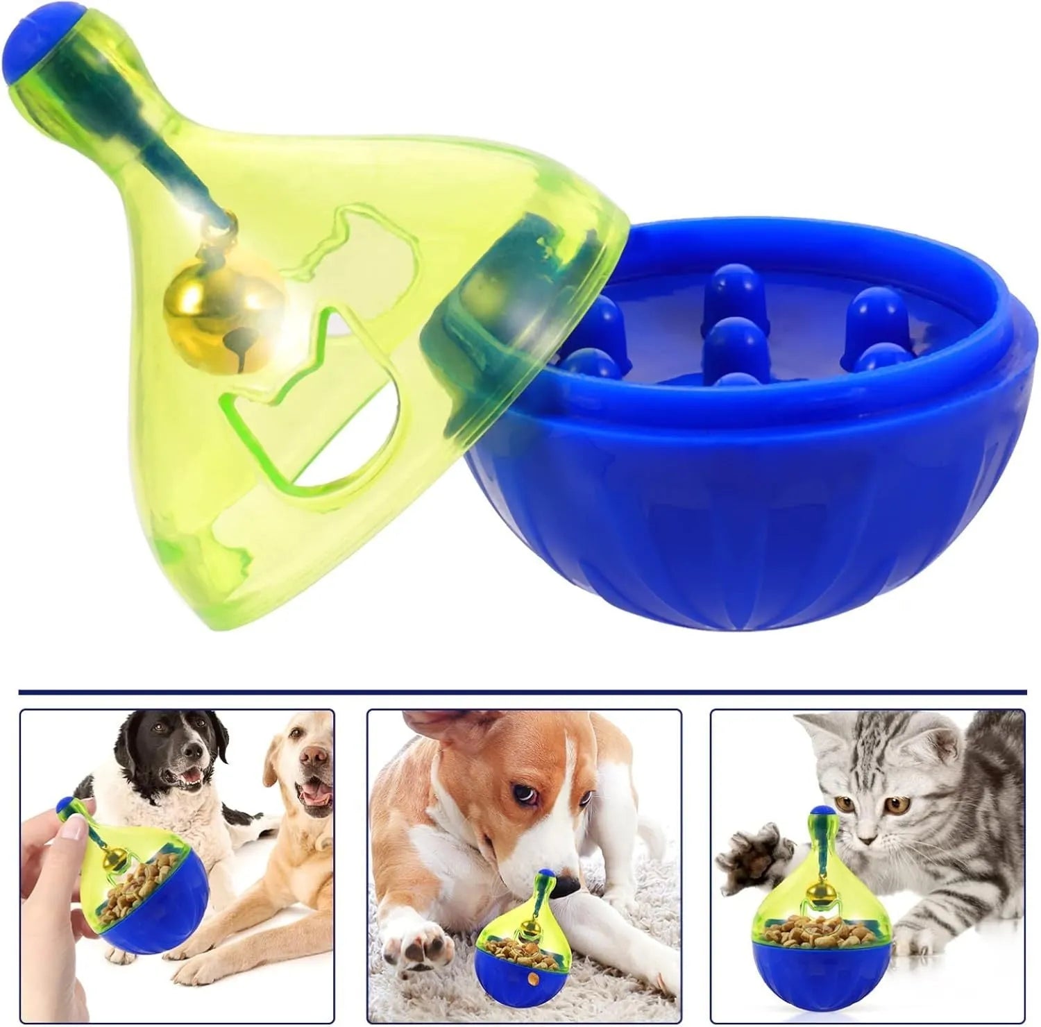 Blue and white tumbler-shaped pet toy for dispensing dog or cat treats during play.