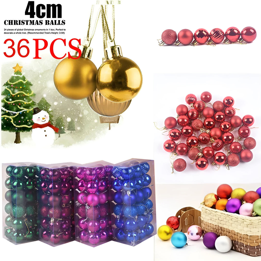 36-piece Christmas bauble set with 4cm balls in 17 colours including gold, silver, red, blue, green, pink and purple