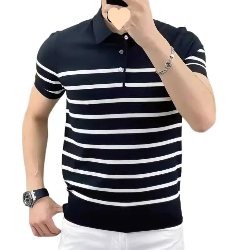 Black and white striped lapel pullover T-shirt laid flat, non-ironing polyester blend fabric.