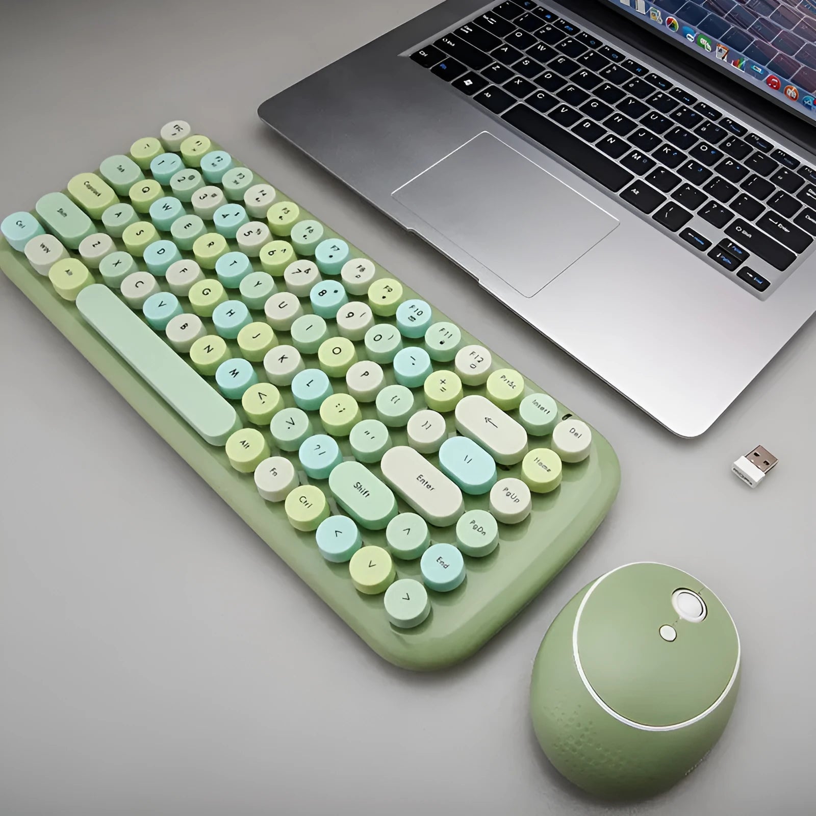 Wireless 2.4G keyboard mouse set in blue, compact design with 84 keys and 6-button mouse